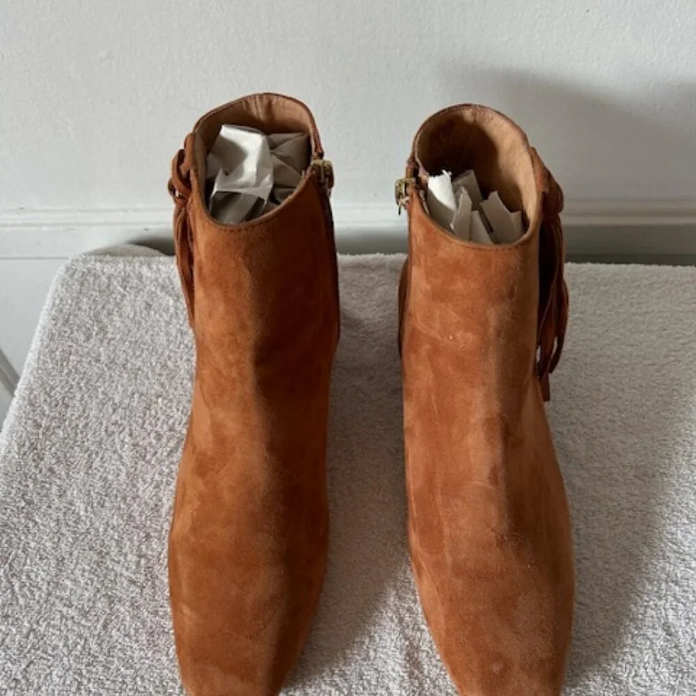 Free People Spring In Paris Boots Women's Size 6.5 Tan Suede Fringe Square Toe - Picture 8 of 8
